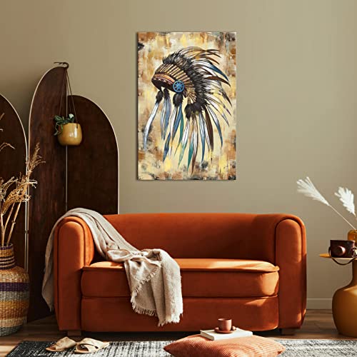 Rnnjoile Native American Wall Art Decor Indian Chief Feather Headdress Canvas Painting Picture Framed Tribal Theme Poster For Living Room Bedroom Large 24"X36" #TOP3