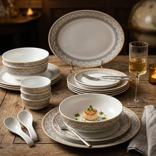 Image of Cello Divine Series Opalware Dinner Set 33 Pc | Trinity Gold | Opal Glass, Lightweight, Chip-Resistant | Microwave Safe, Dishwasher Safe | Scratch-Resistant | Crockery Set for Dining & Gifting | White