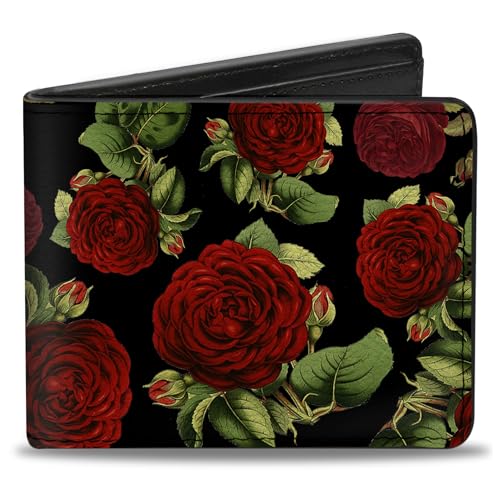Buckle-Down Men's Wallet, Bifold, Red Rose Blooms Buds Black, Vegan Leather, 4.0