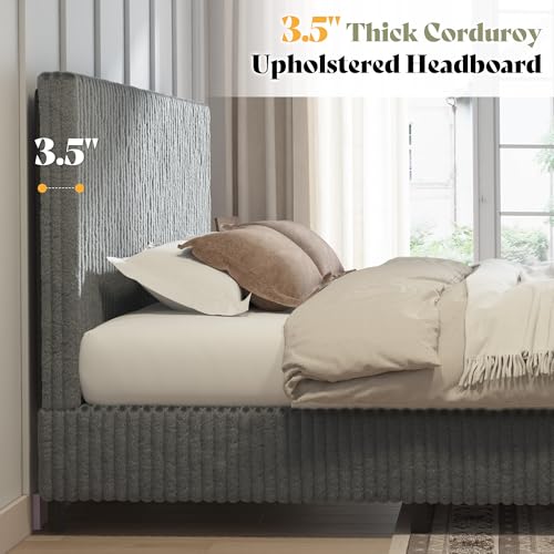 Image of AMERLIFE Queen Bed Frame, Upholstered Metal Platform Bed with Vertical Channel Tufted Headboard, Soft Fabric & Strong Metal Slats, Noise-Free /Easy Assembly, Grey Queen Upholstered Bed and Headboard