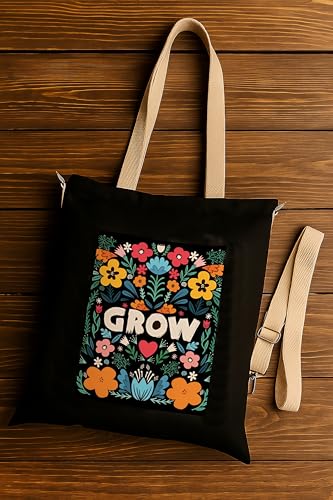 Image of ZORI Black Sling Tote Bag With Pocket and with Beige Straps, Tote Bags For Women large capacity,Tote bag For Shopping, College, Travel, More Canvas Handbag For Unisex