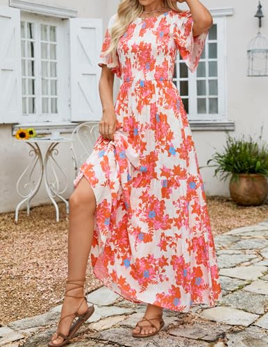 Image of ZESICA Women's 2026 Summer Boho Floral Maxi Dresses Casual Short Flutter Sleeve Smocked Tiered Flowy Dress