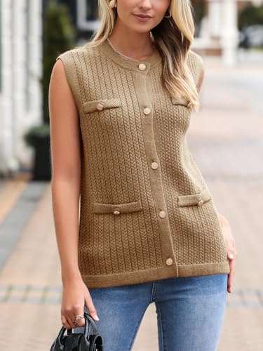 Saodimallsu Womens Sleeveless Sweater Vest Button Up Cable Knit Crew Neck Trendy Casual Loose Summer Cardigan3