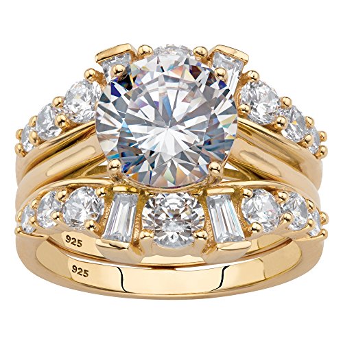 18K Yellow Gold over Sterling Silver Round Cubic Zirconia Jacket Bridal Ring Set Size 7