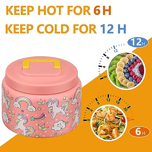 Image of PIQUEBAR 8oz Kids Thermo for Hot Food,Small Lunch Thermo Food Container Stainless Steel,Easy Open Wide Mouth Thermo for Hot Cold Food for Preschool Travel (Pink Unicorns)