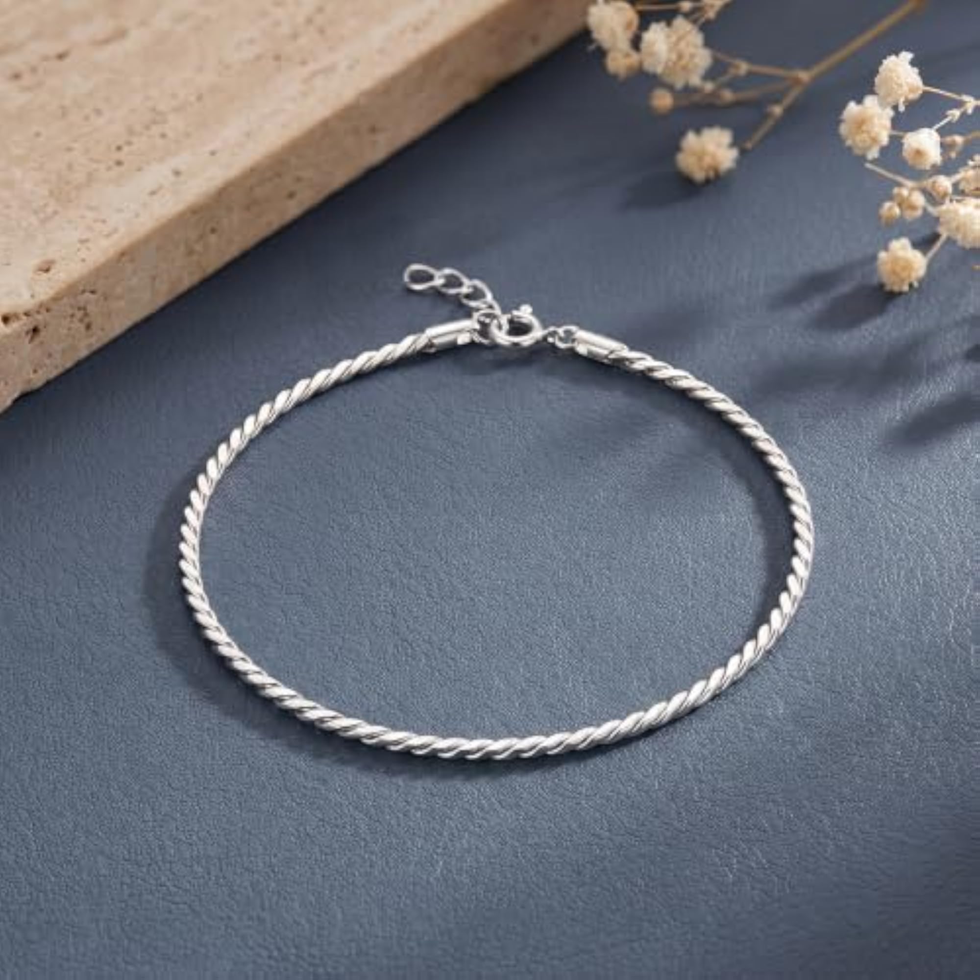 Women's Pure 925 Silver Faceted Twisted Rope Chain Bracelet