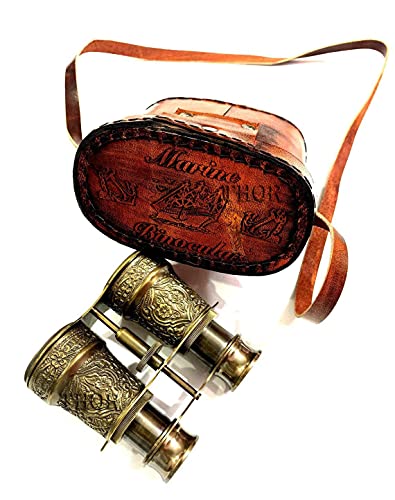 Binoculares náuticos vintage con estuche de cuero marrón miniatura 2