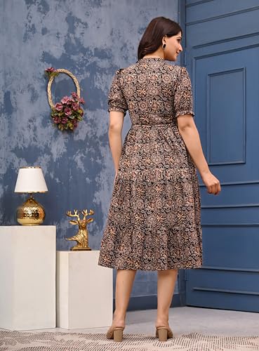 Image of LABEL ADRIJA Pure Cotton Calf Length Midi Dress for Women Floral Print | Flared Anarkali Dress Puff Sleeves