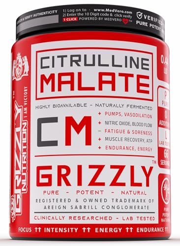 Grizzly Nutrition, Pure Citrulline Malate, no added flavor, color, True Athlete Professional Standard - Highly Bioavailable, Amino support, 200 grams 65 servings, Nitric Pumps, Muscle vascularity