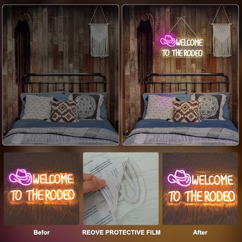 Image of WLHOPE Welcome To The Rodeo Neon Sign Cowboy Hat Led Lights Dimmable Light Signs for Wall Decor 16.5 x 8.6 inches USB Powered Licked Light Signs for Bar Home Club Party Western Bedroom Decoration