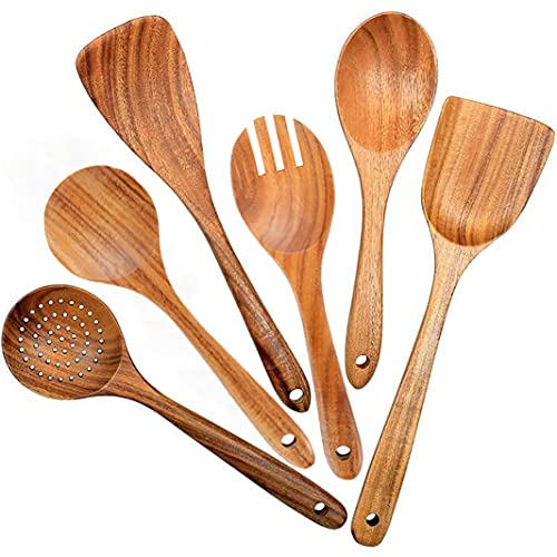 Wooden Spoons for Cooking, 6 Pcs Wooden kitchen Utensil Set for Cooking Spoons Spatula with Holes Organic Teak Wood Kitchen Tools