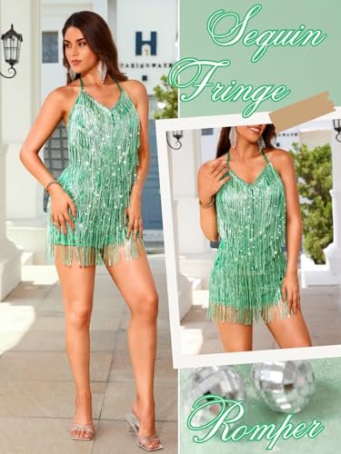 Image of Kaei&Shi Sequin Fringe Romper,Sparkly Glitter Metallic Jumpsuits For Women,Backless Shorts Dress Disco Birthday Dance Outfit