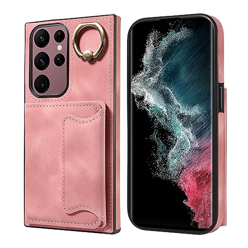 Étui portefeuille Samsung S22 Ultra antichoc avec anneau rotatif 360 et fermoir aimanté or rose