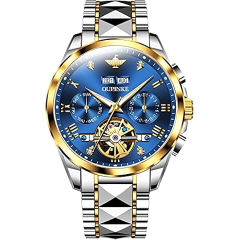 EYESHOCK Blue Automatic Watches for Men, Swiss Waterproof Mechanical Self Winding Luxury Dress Wrist Watch (Two Tone) Cover