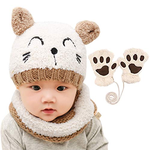 Wintermütze, Schal und Handschuhe für Babys und Kinder, 3-teiliges Set für Jungen und Mädchen, warme Strickmütze mit Halstuch, Kreisschal, Halstuch-Set für 1–4 Jahre Jungen und Mädchen