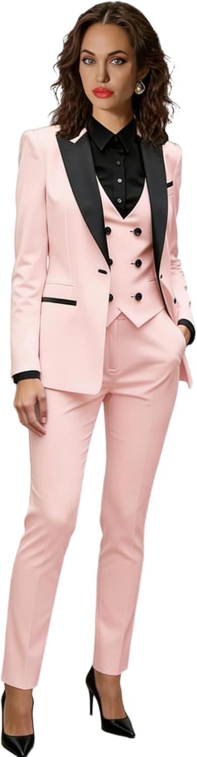 Business Suits for Women 3 Piece Double Breasted Womens Suit Formal Work Peak Lapel Pants Suit for Women Women's Tuxedo