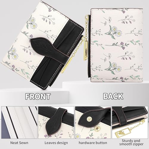 Image of Farcauo Cute Black Minimalist Flower Wallet for Women Small Kawaii Coin Purse with ID Window Lightweight and Stylish Design Compact Cash Wallet for Ladies