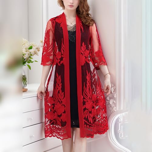 Image of FindThy Women's Floral Lace Embroidery Cardigan 3 /4 Sleeve Sheer Mid-Long Coat Kimono Coverups