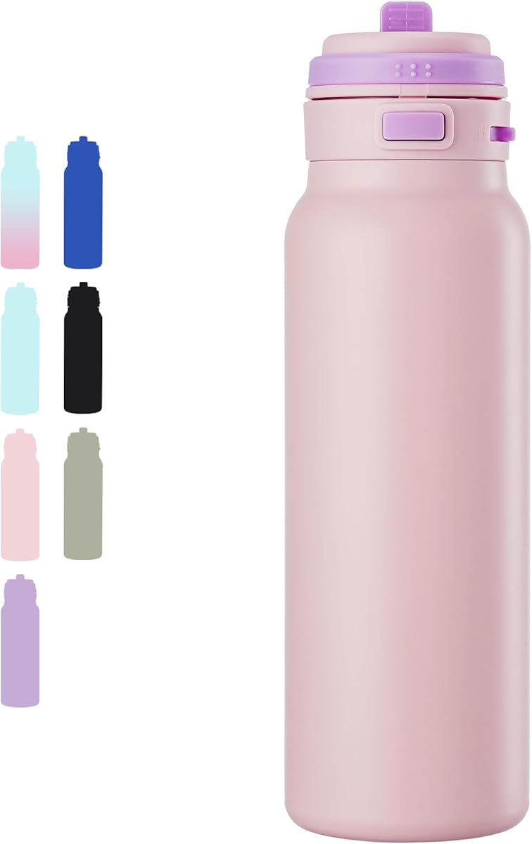 Fijinhom 24 oz Insulated Water Bottle, 2-in-1 Stainless Steel with Straw and Spout, Leak Proof, 304 Stainless Steel with Wide Mouth, Double Wall Vacuum for Outdoors, Sports, Travel, Work (Pink)