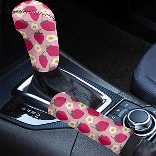 Coldinair Strawberry Floral Print Car Handbrake Cover Gear Shift Knob Cover Set,Fashion Auto Interior Accessories for Women