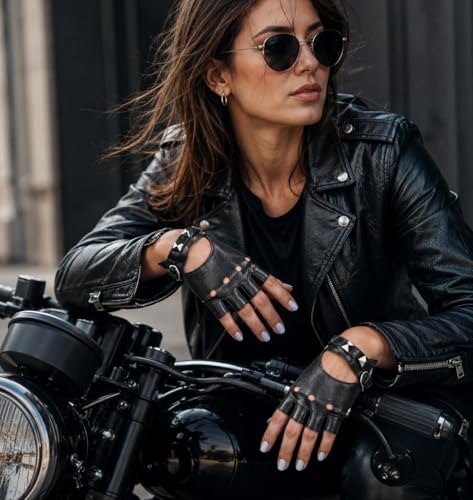 image for Skeleteen Fingerless Faux Leather Gloves - Black Biker Punk Gloves wit