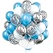 PartyWoo Globos Azul, 60 unidades, 12 pulgadas, azul, plata, globos de plata, globos blancos, confeti para decoración de fiesta, decoración de bautizo, decoración de bautizo, azul