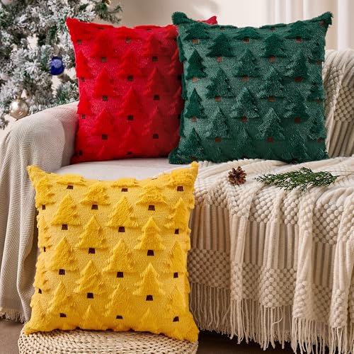 Image of Allorry Christmas Pillow Covers 18x18 inch Set of 2 Yellow Christmas Decorations Soft Plush Faux Fur Wool Christmas Tree Throw Pillow Cases Winter Holiday Decor for Sofa Living Room PT002G18