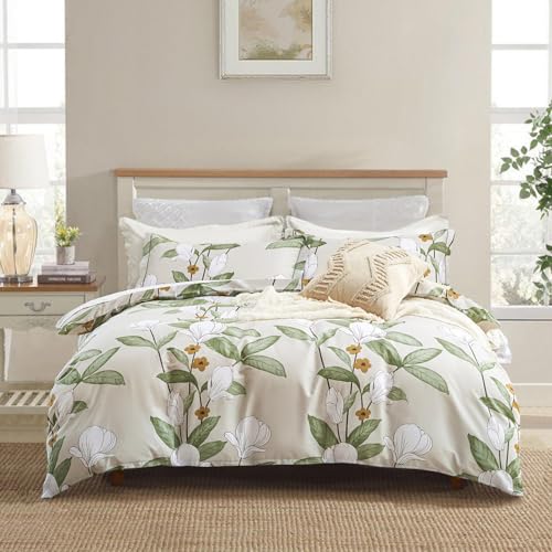 ALEISSEL Pale Moss Green Botanical Cotton Comforter Queen Size - 3PC Lightweight Bedding Sets with Ultra-Soft Alternative Fill, Floral Design with Leaf & White Magnolias (1 Comforter, 2 Pillowshams)