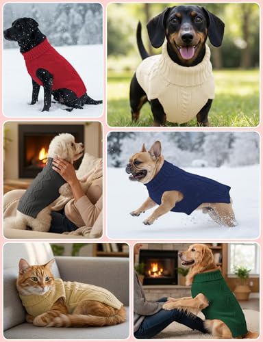 Image of Dog Sweaters for Small Medium Large Dogs Cats, Soft Warm Turtleneck Pullover Solid Cable Knit Fleece Stretch Pet Clothes,Classic Fuzzy Coat for Puppy Girl Boys for Fall Winter(Christmas Red, Medium)