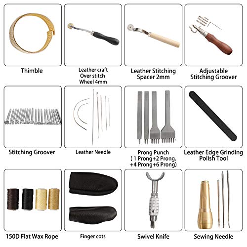 Patioer 52 Pcs Leather Tools Kit with Stitching Groover, Prong Punch and Leather Working Saddle Making Stamps Tools Set for DIY Leathercraft - Thumbnail 5