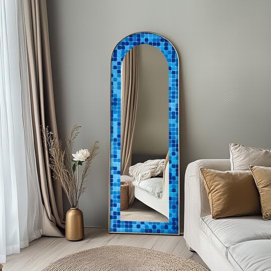23,5’’W x 67’’H Blue Mosaic Pattern – Full Lenght Floor Mirror Arched Full Lenght Mirror - Arch Full Body Stained Floor Mirror with Black Frame with Black Frame