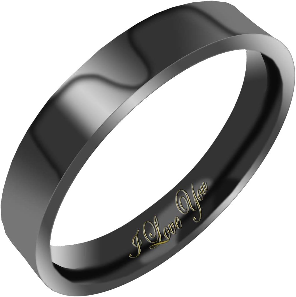 Everstone Women's Shiny Polish 4MM & 6MM Flat Promise Ring Wedding Bands Titanium Ring Color: Black Engraved I Love You