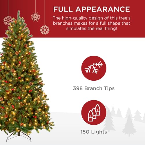 Image of Best Choice Products 4.5ft Pre-Lit Pre-Decorated Artificial Christmas Tree Spruce w /Twinkling LEDs Pinecones, Berries, 150 Lights, w / 398 Tips