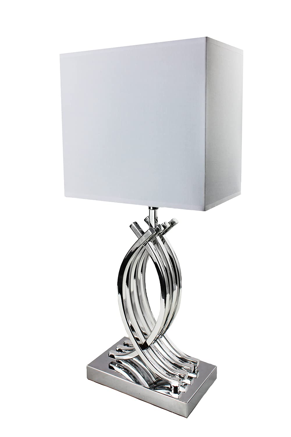 Arnusa Design Tischlampe Chrom Silber Nachttischlampe 50 x 22 cm mit weißen eckigen Schirm Tischleuchte silberfarben E27