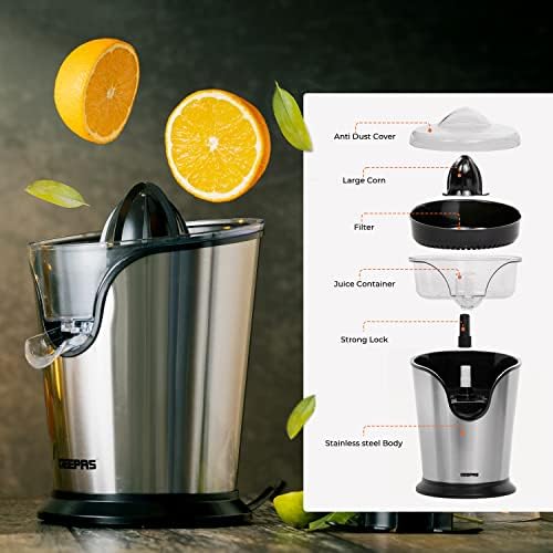 Geepas 100W Citrus Juicer Electric Orange Juicer | Professional Brushed Stainless Steel Fruit Juicer | Squeezes Oranges Lemons Lime Juices | Freshly Pressed Fruit Juices in Seconds - 2 Year Warranty