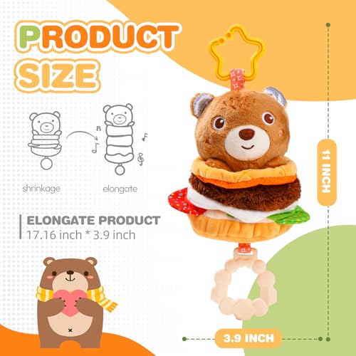 Image of Jollybaby Baby Musical Pull String Hanging Toys for Stroller Car Seat Crib Play Gym, Plush Stuffed Hamburg Bear Toy for Carseat with Music Teether Crinkle, Sensory Toy for 0-6-12-18 Months Baby Gifts