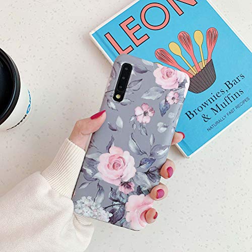 Samsung Galaxy A50 Phone Case For Women & Girls,Yelovehaw Flexible Soft Slim Fit Full-Around Protective Cute Case Cover With Purple Floral Gray Leaves Pattern For Samsung Galaxya50 6.4''(Pink Flowers) #TOP1