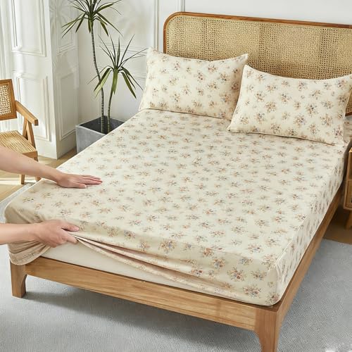 Image of FADFAY Queen Sheet Set 100% Double Gauze Cotton 4Pcs - Breathable & Cooling Muslin Sheets-Soft Cream Floral Bed Sheets for Hot Sleepers, All-Season Comfort