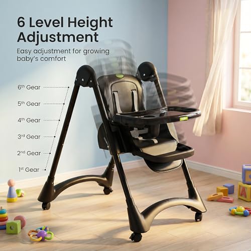 Image of BAYBEE High Chair for Baby 6 to 18 Months, 6-Level Height Adjustable Feeding Chair with Reclining Backrest, Foldable Frame, 5-Point Safety Harness, Double Removable Tray, Footrest & Lockable Wheels (Black)