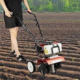 Gas Tiller Cultivator, 52CC 2-Stroke 6500-7000RPM Hand Rotary Cultivator Rototiller with Adjustable Angle & Wheels, Soil Cultivator Petrol Soil Tilling Machine for Weeding, Cultivating, Digging