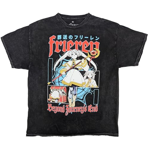Ripple Junction Frieren: Beyond Journeys End Collage Anime Mens Graphic T-Shirt Mineral Wash Black Large