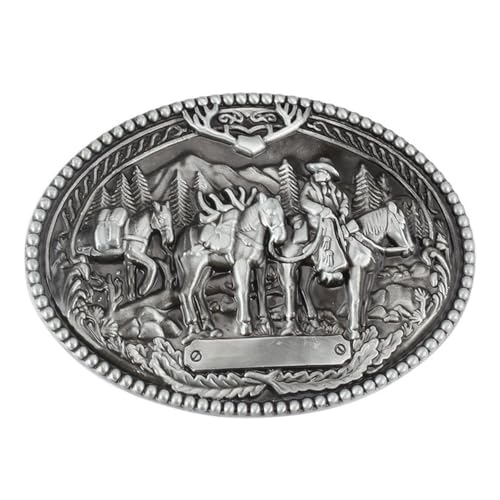 QinhBting Vintage Style Alloy Belt Buckle Western Cowboy Fashion 3D Engraved Horse Team Belt Buckles Holiday Gifts,Grey
