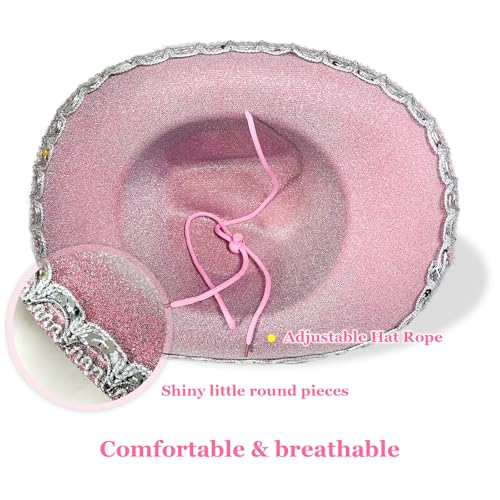 Cowboy Hat Pink Cowgirl Hat with Sequins & Tiara Belt for Women Rodeo Party Hats with Heart Glasses3