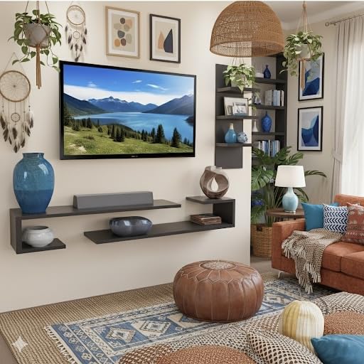 Image of Dual J Style 48 Inches Broad Based Wall Mounted Tv Cabinet Shelf for Living Room, Bedroom, Kids Room, Lounge (Mocha Wenge)