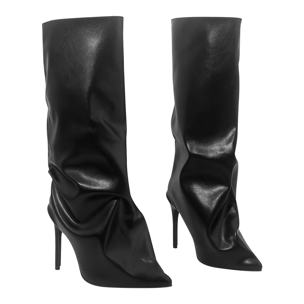 Womens Knee High Stiletto Boots Pointed Toe Shark Design High Heel Pull On Black Leather Fold Over Boots