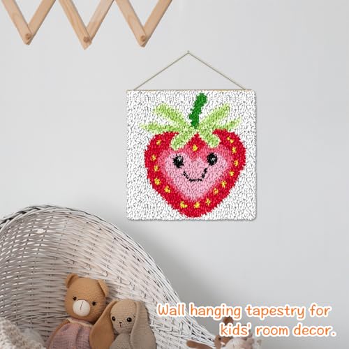 Image of YP Strawberry Smiley Face Latch Hook Kit for DIY Craft Lovers - 12x12 Inch Crochet Rug Making Set, Fun & Creative Home Decor Needlework Project for Beginners