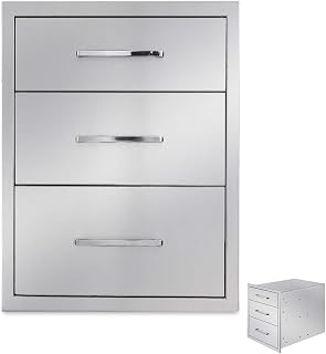 Outdoor Kitchen Drawers,Stainless Steel BBQ Drawer 3-Drawer, 16" W x 21" H x 23" D Flush Mount Triple Access Drawer for Outdoor Kitchen,BBQ Island