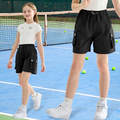 Image of Rolanko Girls Cargo Shorts Lightweight Parachute Short Pants with Pockets Summer Cargo Shorts for Kids Casual Hiking Sports