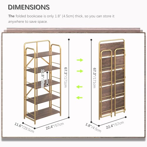 Image of 4NM No Assembly Folding Bookshelf, 5 Tiers Collapsible Book Shelves Open Industrial Foldable Storage Bookcase Shelf for Bedroom, Living Room, Home Office - Brown and Gold
