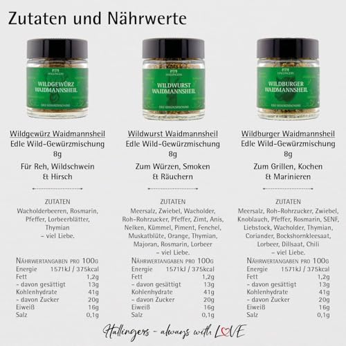 Hallingers Genuss Manufaktur Wild-Grillgewürze Geschenkset – 3 würzige Gewürze für Wild & Grillgerichte in edler Wunderdose, Gewürze Set 'Waidmannsheil', Geschenkidee für Jäger & Grillfans Weihnachten